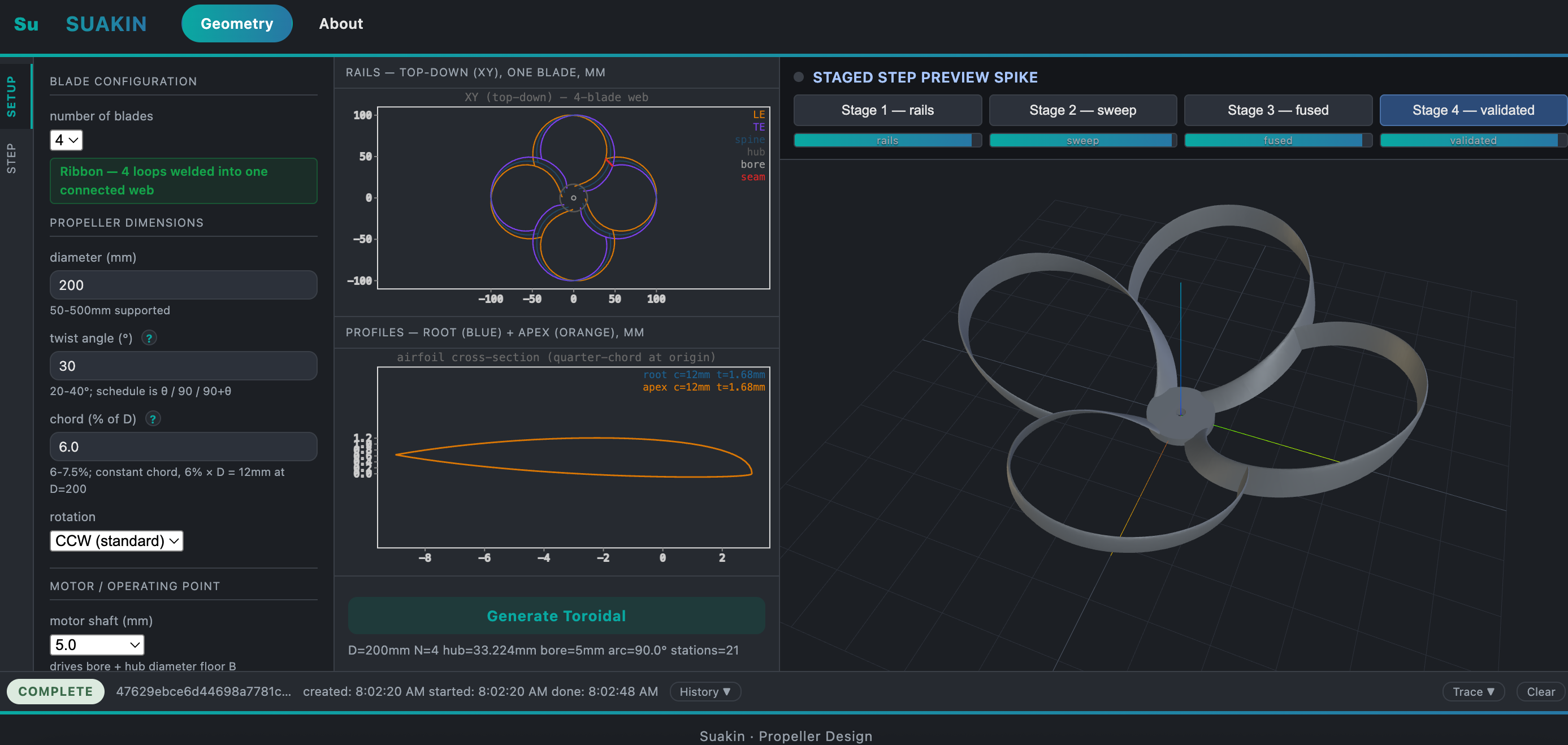 Suakin Toroidal Designer interface showing blade configuration inputs, top-down rail plot, airfoil cross-section, staged STEP preview, and the generated four-loop toroidal propeller